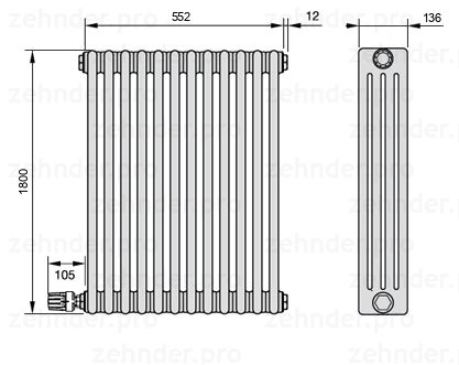 Схема (чертеж) Радиатор Zehnder Charleston 4180/12 №V003 Белый глянцевый RAL 9016